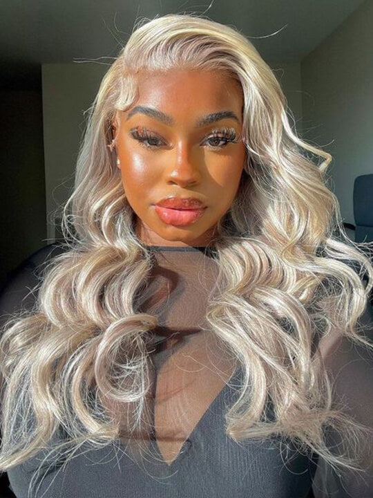 Balayage blond sur perruques brunes de vague de corps 5x5 HD cheveux humains en dentelle transparente