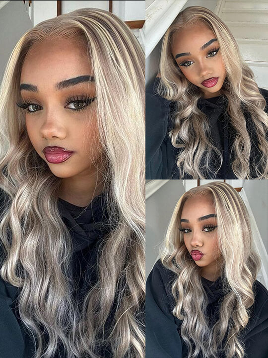 Balayage blond sur perruques brunes de vague de corps 5x5 HD cheveux humains en dentelle transparente