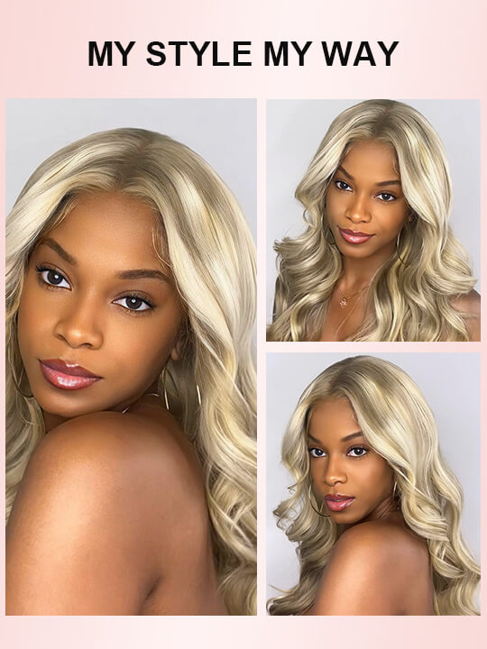 Balayage blond sur perruques brunes de vague de corps 5x5 HD cheveux humains en dentelle transparente