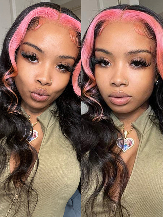 Skunk Stripe Hair Blonde/Brown/Pink Highlights Wig 3D Body Wave 13x4 HD Lace Wigs - KissLove Hair