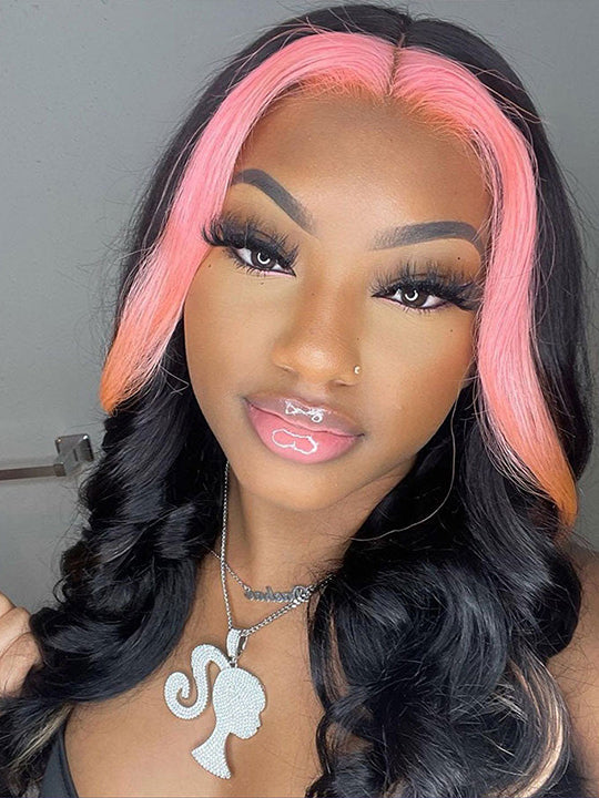 Skunk Stripe Hair Blonde/Brown/Pink Highlights Wig 3D Body Wave 13x4 HD Lace Wigs - KissLove Hair