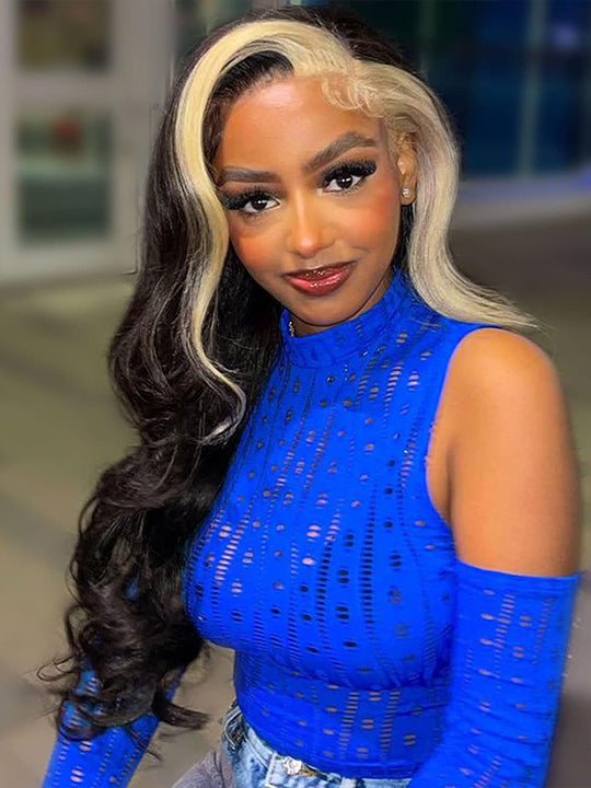 Skunk Stripe Hair Blonde/Brown/Pink Highlights Wig 3D Body Wave 13x4 HD Lace Wigs - KissLove Hair