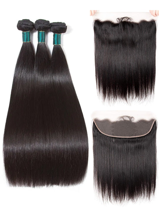 Bone Straight Human Hair 3 Bundles With 13x4 HD Lace Frontal 12A Virgin Hair Weaves - KissLove Hair