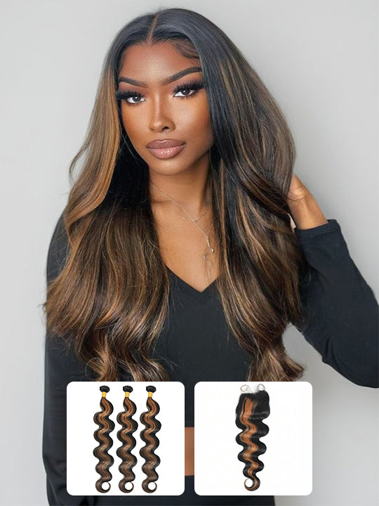 Brown Bayalage Bundles With 5x5 13x4 Lace Frontal Closure Body Wave Human Hair - KissLove Hair