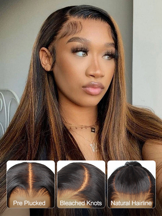 #FB30 Brown Highlights Straight Full 13x4 Lace Frontal Human Hair Wigs - KissLove Hair