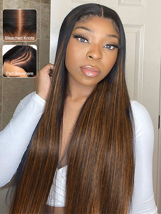 #FB30 Brown Highlights Straight Full 13x4 Lace Frontal Human Hair Wigs - KissLove Hair