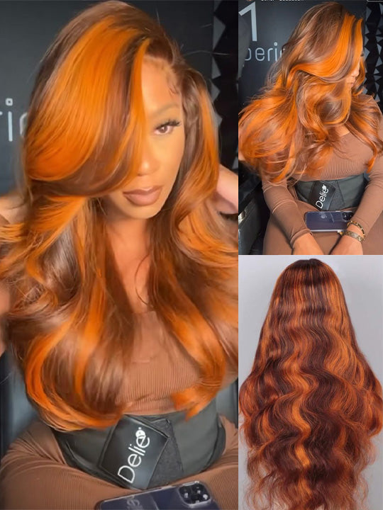 Chocolate Brown With Ginger Highlights 3D Body Wave 5X5 13x4 13x6 Lace Frontal Wigs