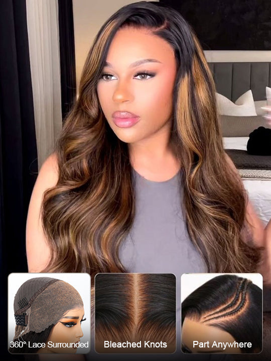 Kisslove Pre Everything Brown Bayalage Highlights 3D Body Wave Wig Pull Go Drawstring Wig