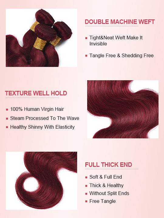 Burgundy Bundles With 5x5 13x4 Lace Frontal Closure Body Wave Human Hair