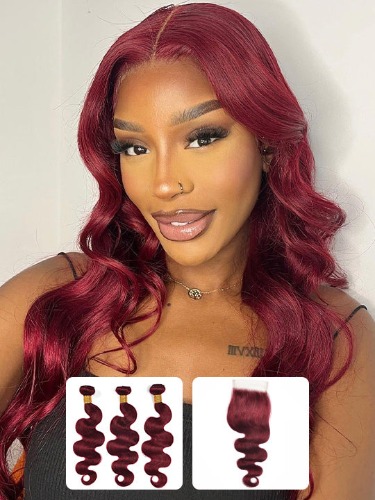 Burgundy Bundles With 5x5 13x4 Lace Frontal Closure Body Wave Human Hair