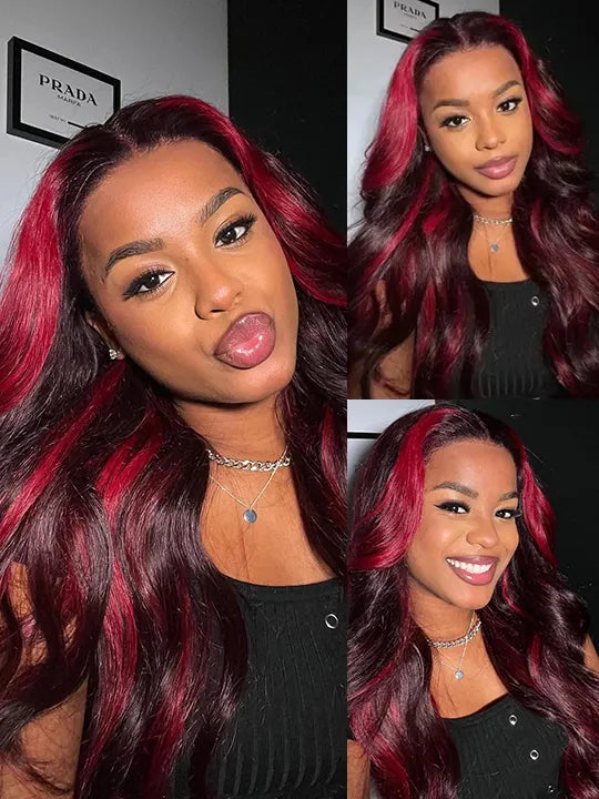 Burgundy With Red Highlights 3D Body Wave 5x5 13x4 13x6 Lace Frontal Human Hair Wigs