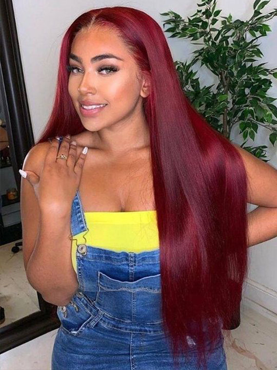 4x4 Transparent Lace Closure Wig Glueless 99j Burgundy Color Straight Human Hair Wigs - KissLove Hair