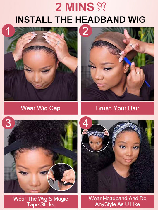 Kinky Curly Hair Headband Wig Glueless Brazilian Virgin Hair Human Hair Wigs - KissLove Hair