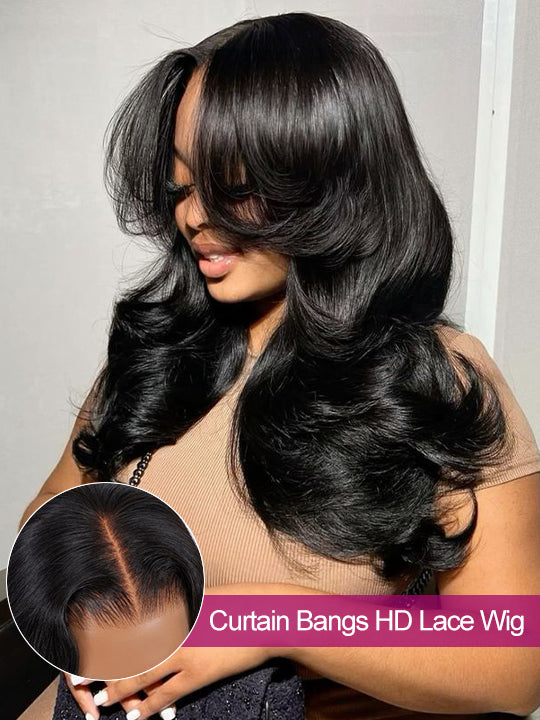 3D Body Wave Wig With Curtain Bangs 5x5 HD Lace Wigs 14A Virgin Human Hair Wigs