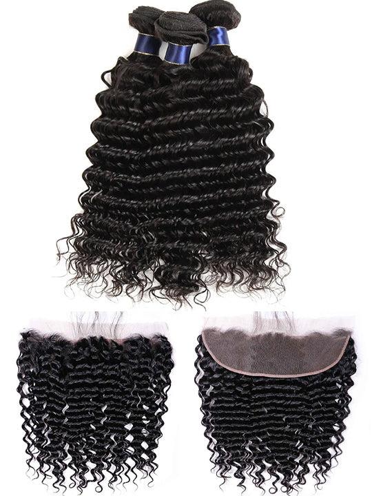 Deep Wave 3 Bundles With 13x4 HD Lace Frontal 10A Brazilian Human Hair Weave - KissLove Hair