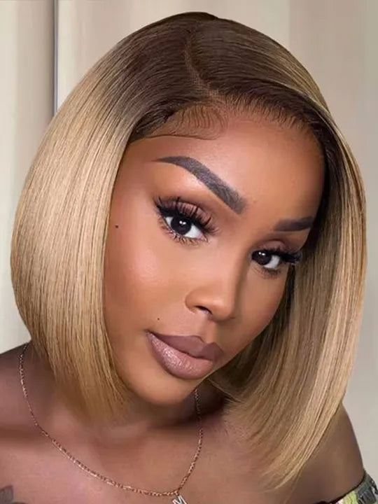 [2 Bob Wigs]Yaki Straight + 13x4 Lace Frontal Dark Roots Ash Blonde Bob Wig