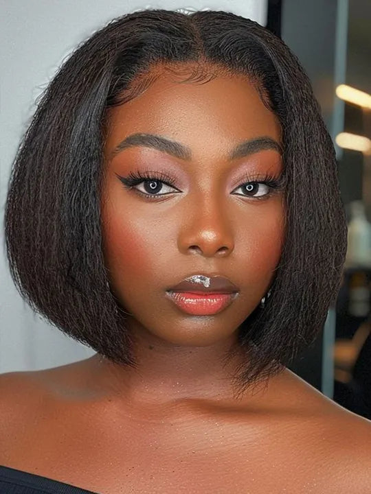 [2 Bob Wigs]Yaki Straight + 13x4 Lace Frontal Dark Roots Ash Blonde Bob Wig