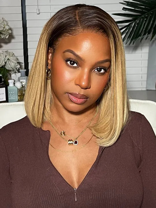 [2 Bob Wigs]Yaki Straight + 13x4 Lace Frontal Dark Roots Ash Blonde Bob Wig