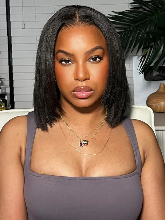 [2 Bob Wigs]Yaki Straight + 13x4 Lace Frontal Dark Roots Ash Blonde Bob Wig
