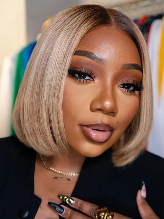 [2 Bob Wigs]Yaki Straight + 13x4 Lace Frontal Dark Roots Ash Blonde Bob Wig