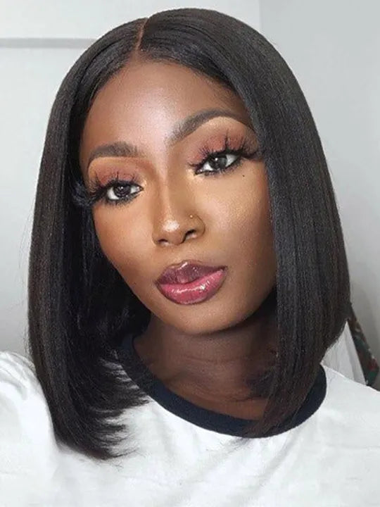 [2 Bob Wigs]Yaki Straight + 13x4 Lace Frontal Dark Roots Ash Blonde Bob Wig