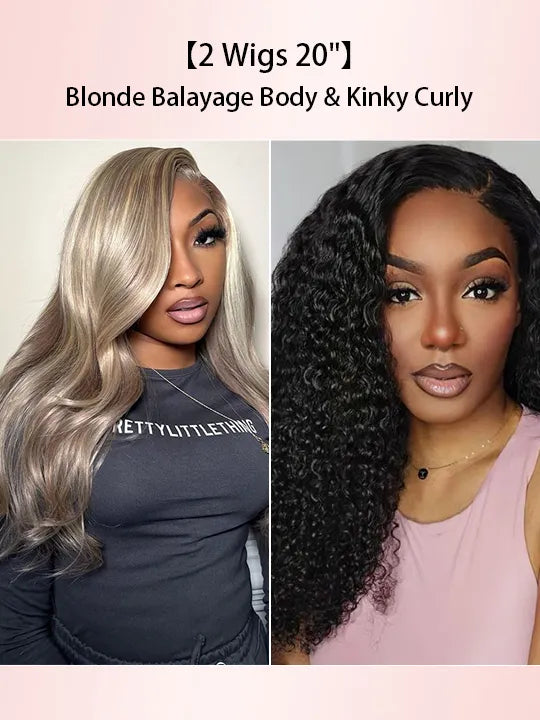 [2 Wigs 20]Wear Go Blonde Balayage 3D body Wave & Kinky Curly 5X5 Lace Closure Wig