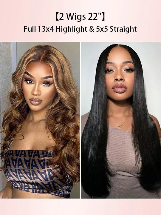 [2 Wigs 22]13x4 Full Frontal Highlight Brown Body Wave & 5x5 Straight Hair