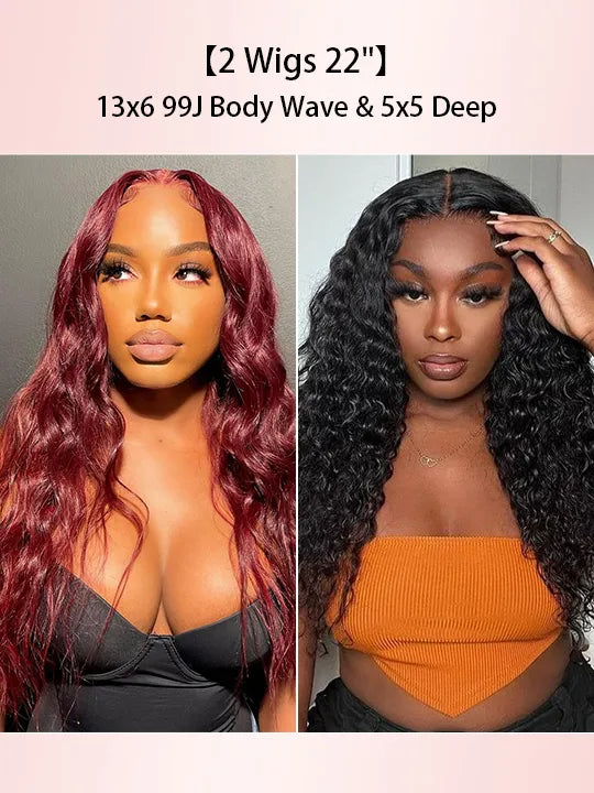 [2 Wigs 22]13x6 Lace Front 99J Burgundy Body Wig  & 5x5 Deep Wave Wig