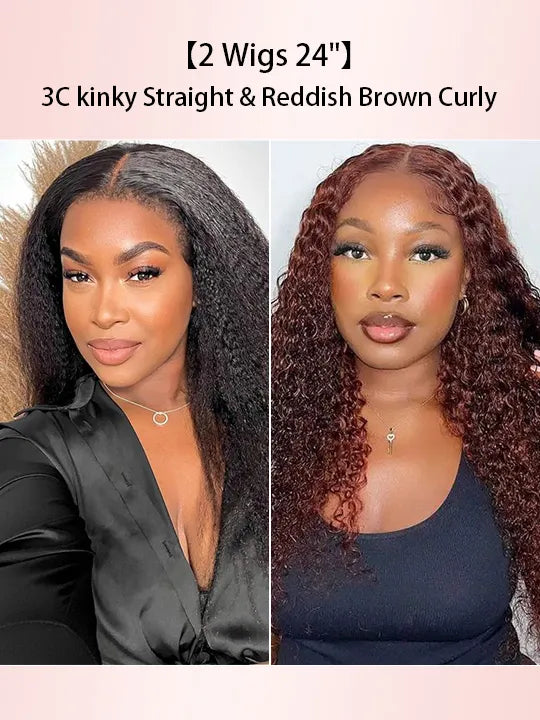 [2 Wigs 24]3C Invisi-Drawstring 360 Lace Kinky Straight & 13x4 Reddish Brown Curly Wig
