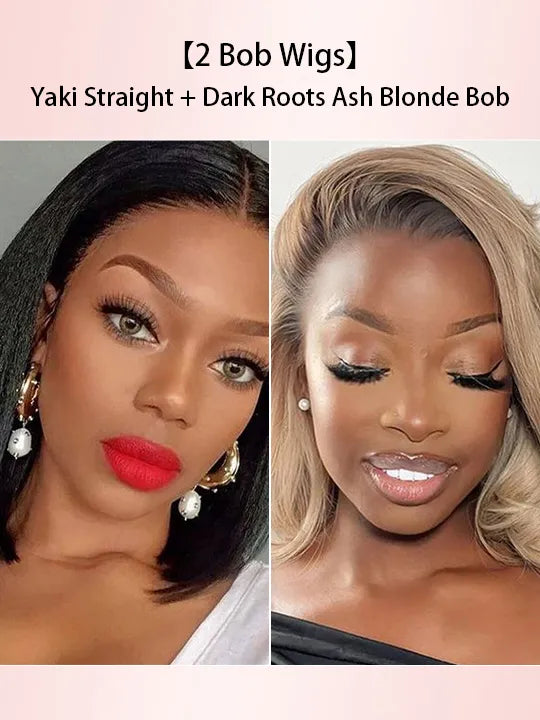 [2 Bob Wigs]Yaki Straight + 13x4 Lace Frontal Dark Roots Ash Blonde Bob Wig