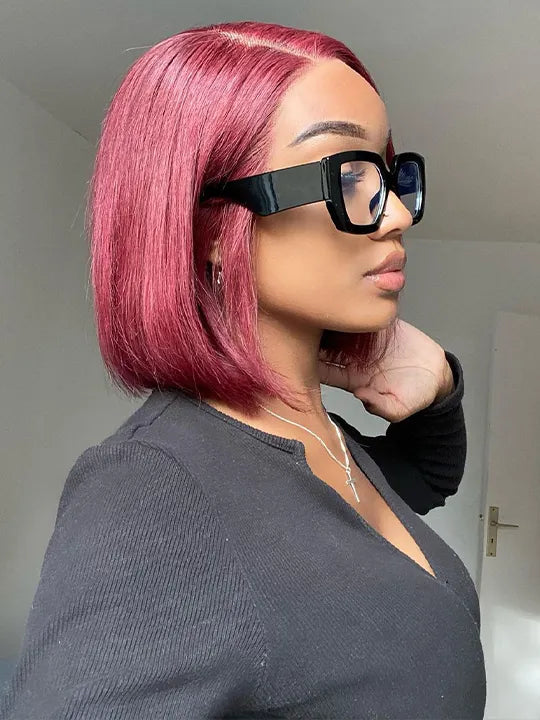 [2 Bob Wigs]99J Burgundy Straight Hair + Lace Frontal Kinky Curly Short Bob Wig