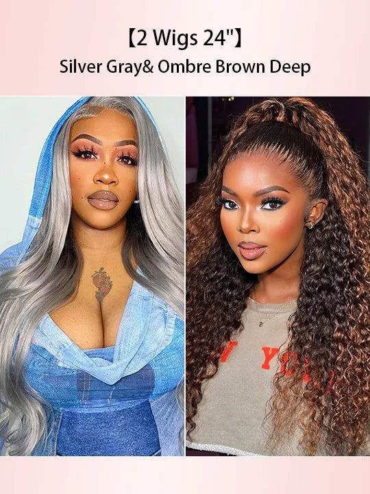 [2 Wigs 24]Silver Gray Body Wave & Ombre Dark Brown Deep Wave 360 Wig