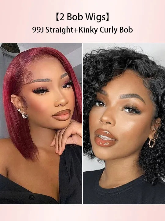 [2 Bob Wigs]99J Burgundy Straight Hair + Lace Frontal Kinky Curly Short Bob Wig
