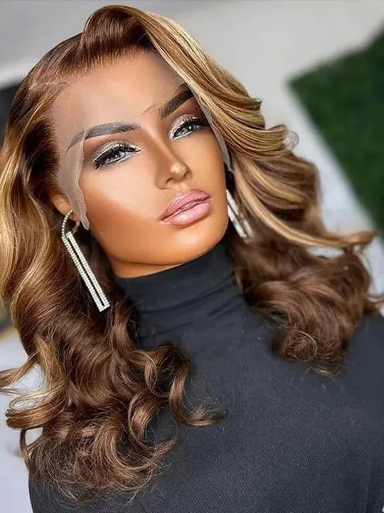 [2 Bob Wigs]13x4 Lace Frontal Ginger Color +Highlight Brown 3D Body Wave Bob Wig