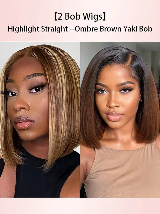 [2 Bob Wigs]13x4 Lace Frontal Highlight Brown Straight +Ombre Brown Yaki Straight Bob Wig