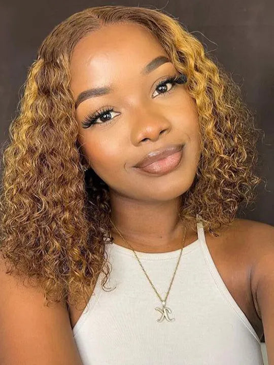 [2 Bob Wigs]13x4 Lace Frontal Natural Curly Hair+Highlight Brown Deep Wave Bob Wig