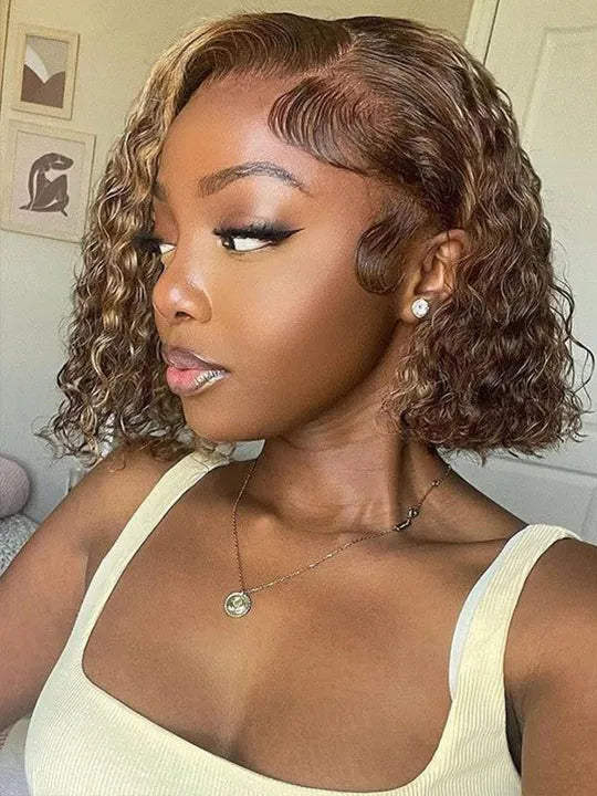 [2 Bob Wigs]13x4 Lace Frontal Natural Curly Hair+Highlight Brown Deep Wave Bob Wig