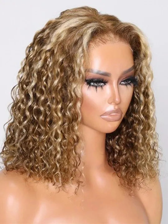 [2 Bob Wigs]13x4 Lace Frontal Natural Curly Hair+Highlight Brown Deep Wave Bob Wig