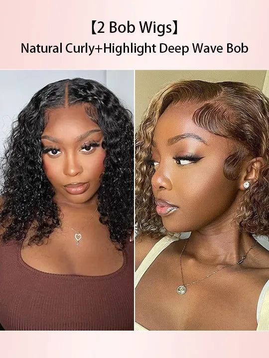 [2 Bob Wigs]13x4 Lace Frontal Natural Curly Hair+Highlight Brown Deep Wave Bob Wig
