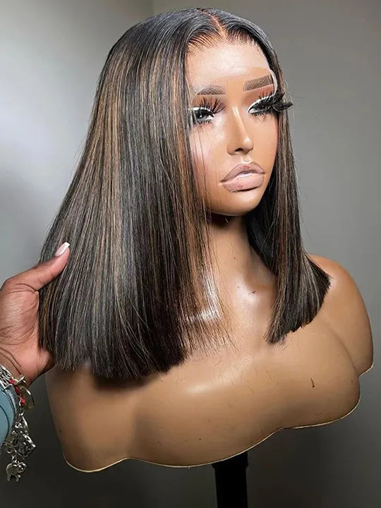 [2 Bob Wigs]13x4 Lace Frontal 613 Blonde Hair + Brown Balayage Straight Bob Wig