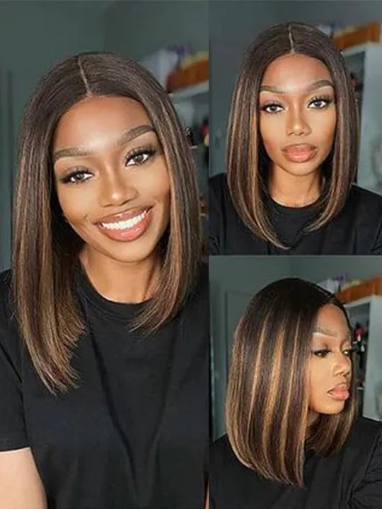 [2 Bob Wigs]13x4 Lace Frontal 613 Blonde Hair + Brown Balayage Straight Bob Wig