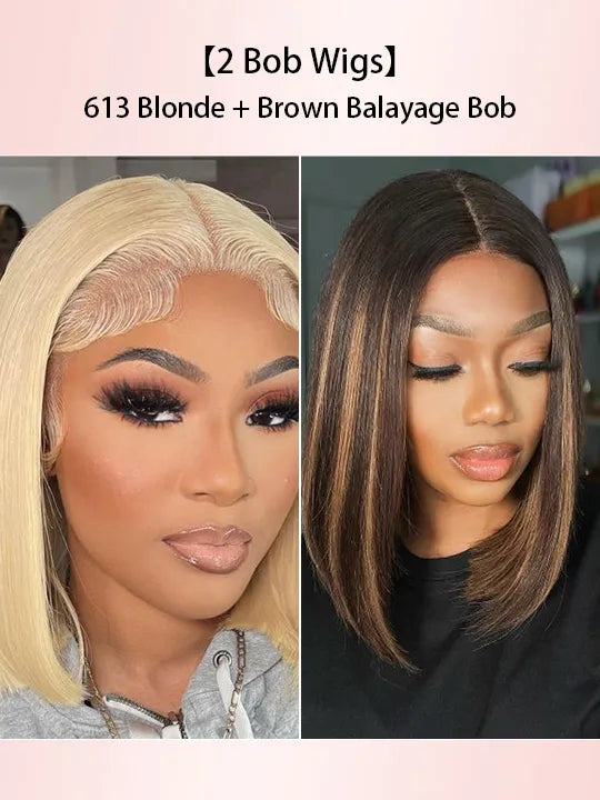 [2 Bob Wigs]13x4 Lace Frontal 613 Blonde Hair + Brown Balayage Straight Bob Wig