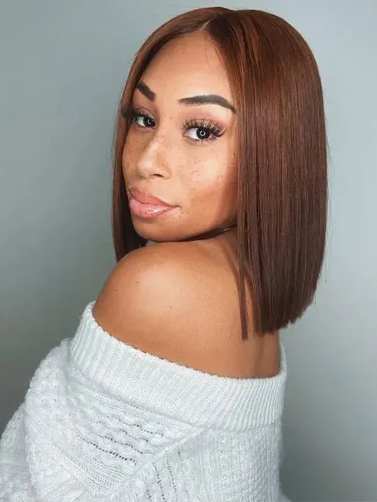 [2 Bob Wigs]13x4 Lace Frontal Chocolate Brown Hair+Yaki Straight Hair Bob Wig