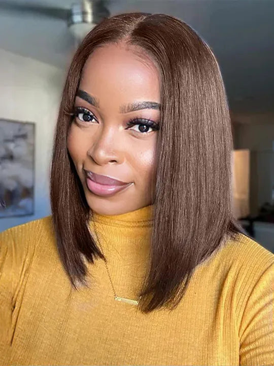 [2 Bob Wigs]13x4 Lace Frontal Chocolate Brown Hair+Yaki Straight Hair Bob Wig