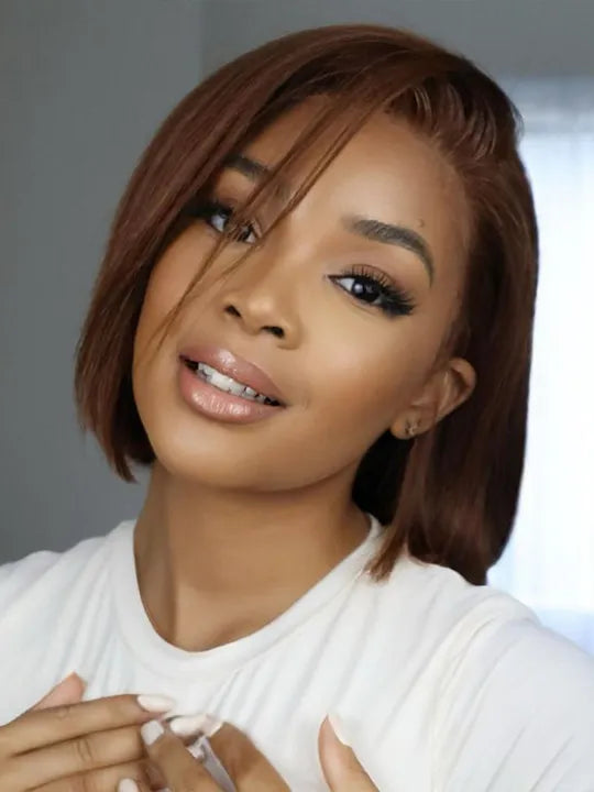 [2 Bob Wigs]13x4 Lace Frontal Chocolate Brown Hair+Yaki Straight Hair Bob Wig