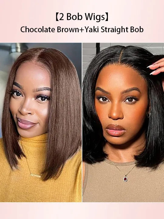 [2 Bob Wigs]13x4 Lace Frontal Chocolate Brown Hair+Yaki Straight Hair Bob Wig