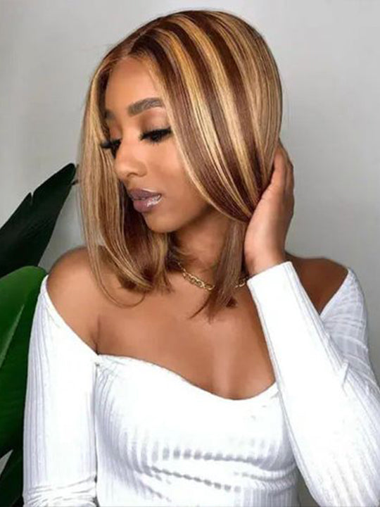 [2 Bob Wigs]13x4 Lace Frontal Highlight Brown Straight +Ombre Brown Yaki Straight Bob Wig