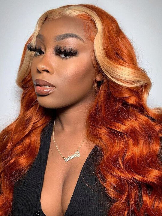 Skunk Stripe Wig Ginger Hair With Blonde Highlights 3D Body Wave 13x4 Lace Frontal Wigs - KissLove Hair