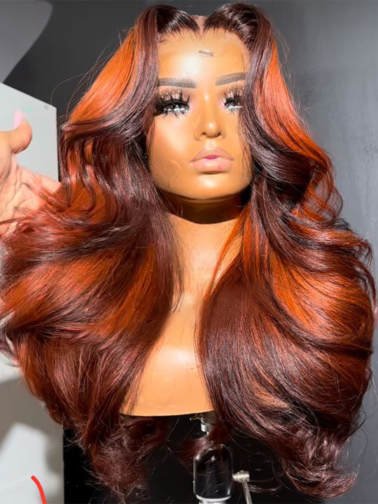 Chocolate Brown With Ginger Highlights 3D Body Wave 5X5 13x4 13x6 Lace Frontal Wigs