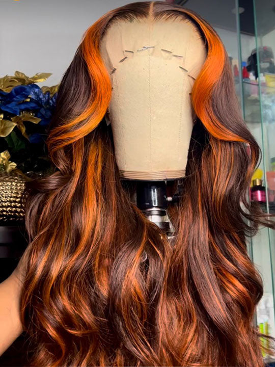 Chocolate Brown With Ginger Highlights 3D Body Wave 5X5 13x4 13x6 Lace Frontal Wigs